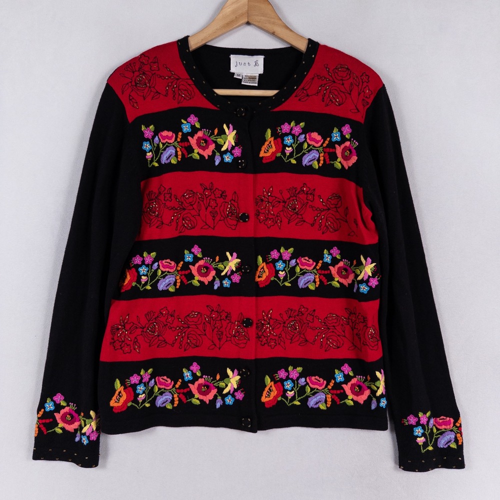 Vtg Just B Cardigan Sweater Sz Medium Black Red Floral Embroidered Maximalist
